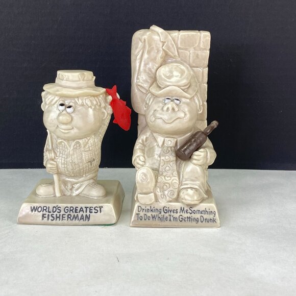 Vintage Russ Berrie 1970s Fisherman & Drinking Drunk Figurines Lot of 2 - Picture 1 of 9